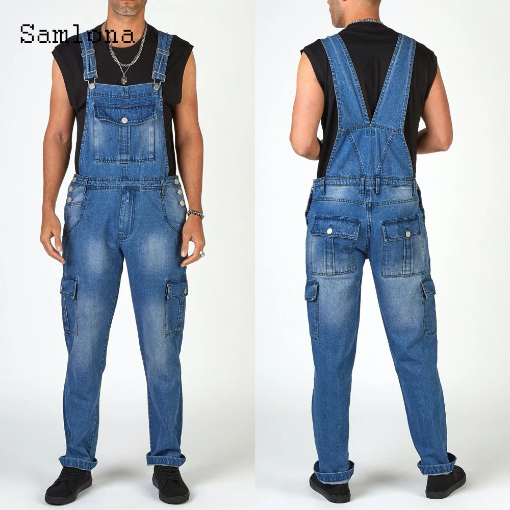 Samlona Plus Size Denim Pant Jumpsuit Mens Overalls Casual Skinny Romper Stand Pockets Overall 2022 European Style Fashion Jeans