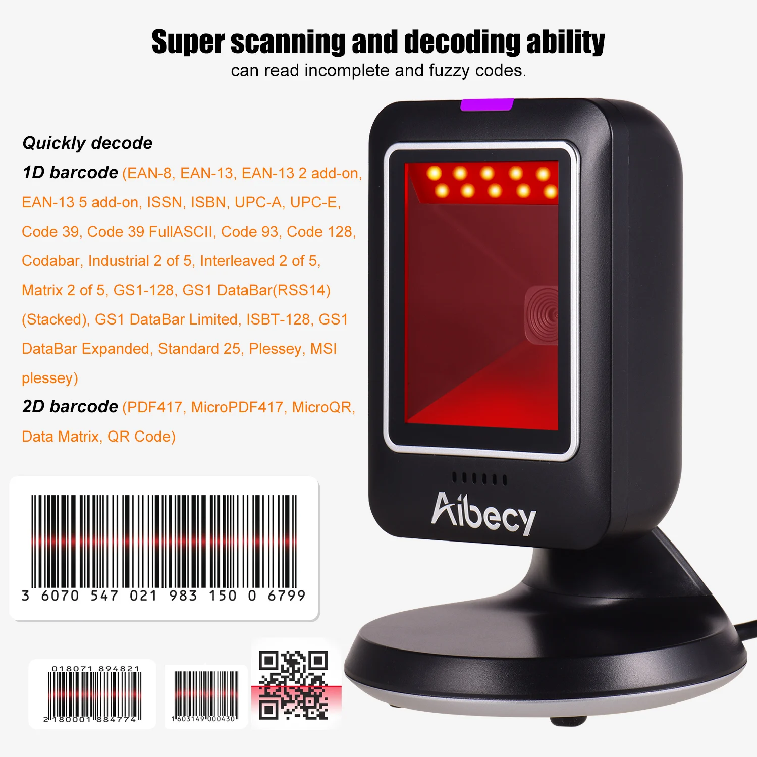 Aibecy MP6300Y 1D/2D/QR Всенаправленный сканер штрихкодов проводной USB считыватель штрих