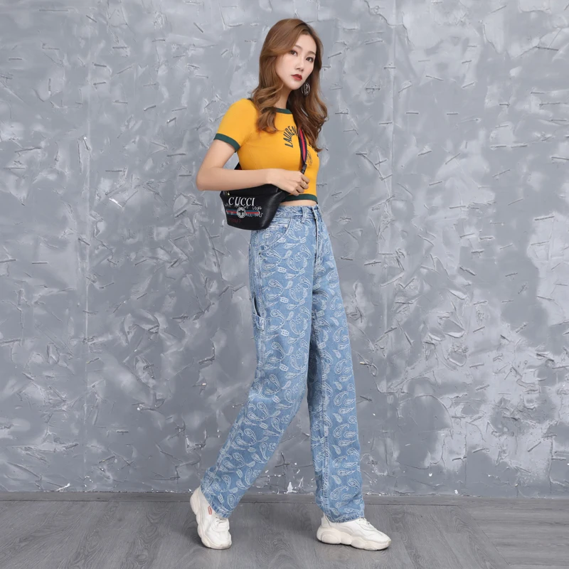 Уличные свободные джинсы в стиле хип-хоп с цветочным принтом кешью и вышивкой