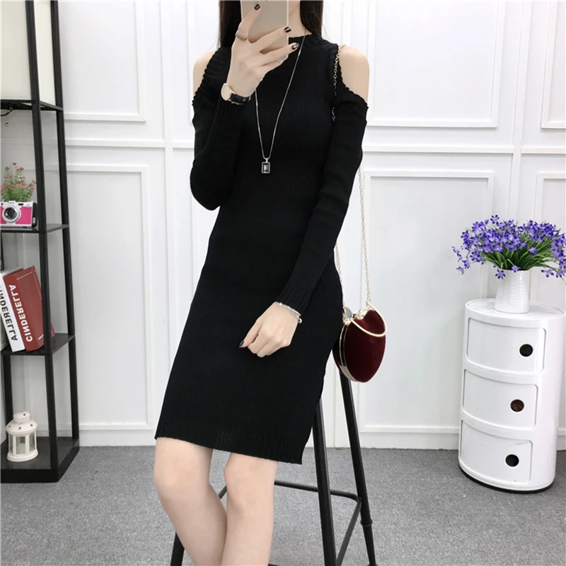 Холодное плечо 2019 трикотажное мини платье с длинными рукавами для женщин