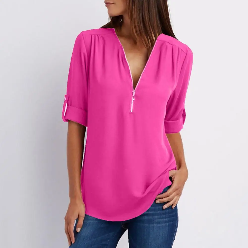 

Casual Office Lady Sexy Solid Color Zipper V Neck Half Sleeve Shirt Loose Blouse