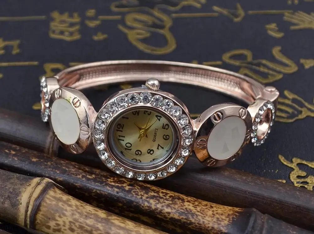 Модный Лук Большой Кристалл Стразы Золотой Браслет манжета браслет с часами