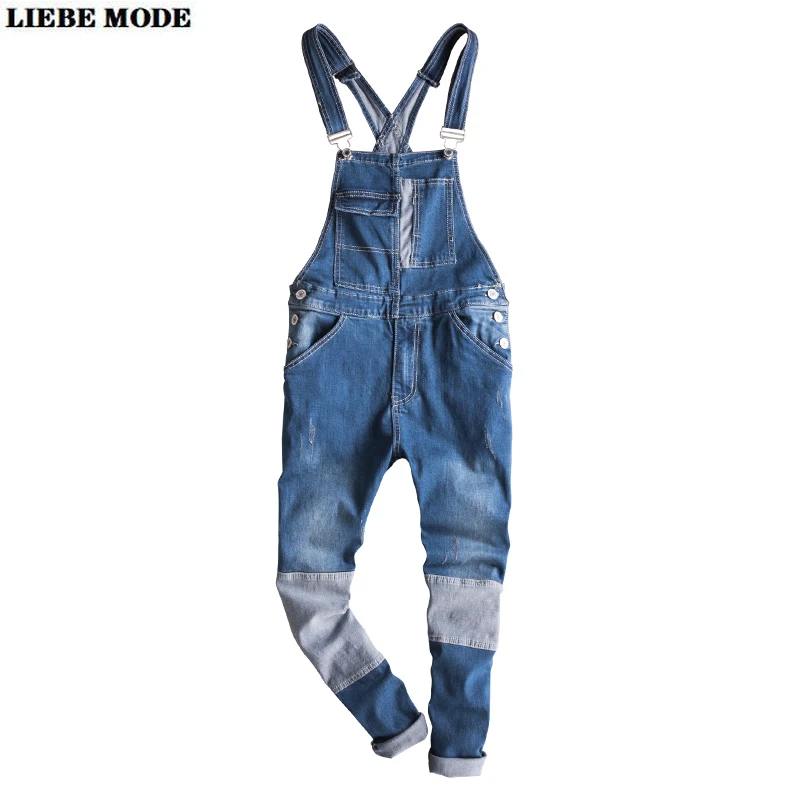 

2020 Men's Streetwear Blue Denim Bib Overall Multi Pocket Cargo Pants Mens Spring Autumn Casual One Piece Jeans Jumpsuit for Men