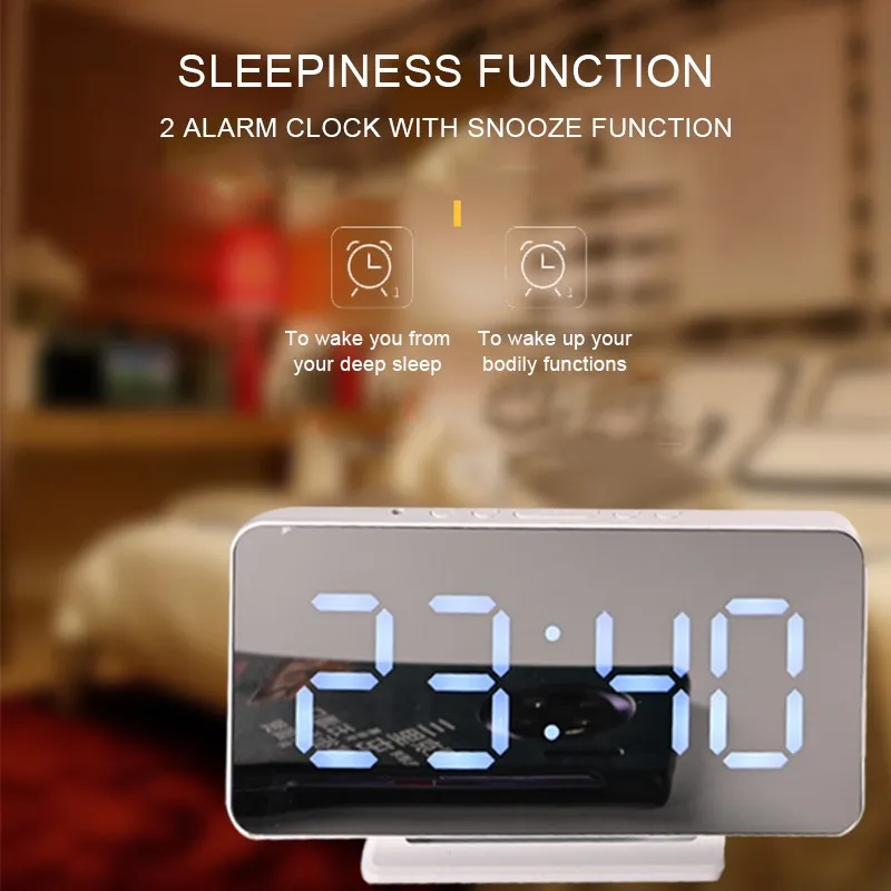 

LED Mirror Alarm Clock Digital Snooze Table Clock Wake Up Light Electronic Large Time Temperature Display Home Decoration Clock