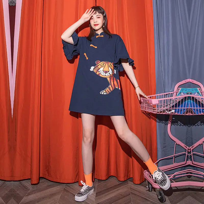 

women dress chinese style cheongsam Straight Solid Short Button Above Knee Mini dress summer dress