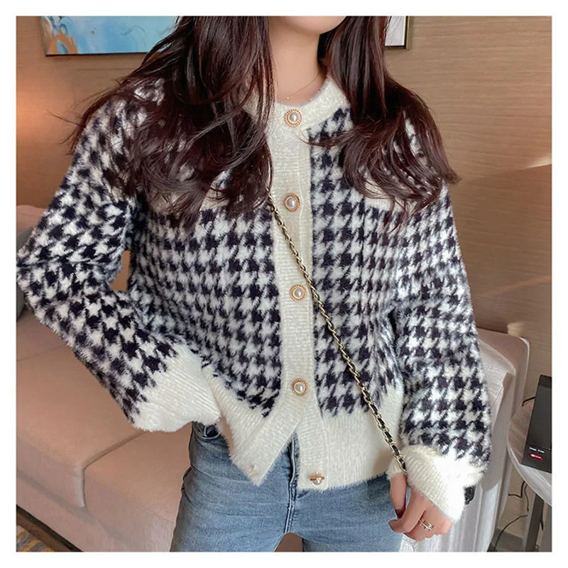 

Coreano houndstooth camisola curta cardigan jaqueta feminina elegante imitacao de vison la malhas topos vintage o-pescoco casaco