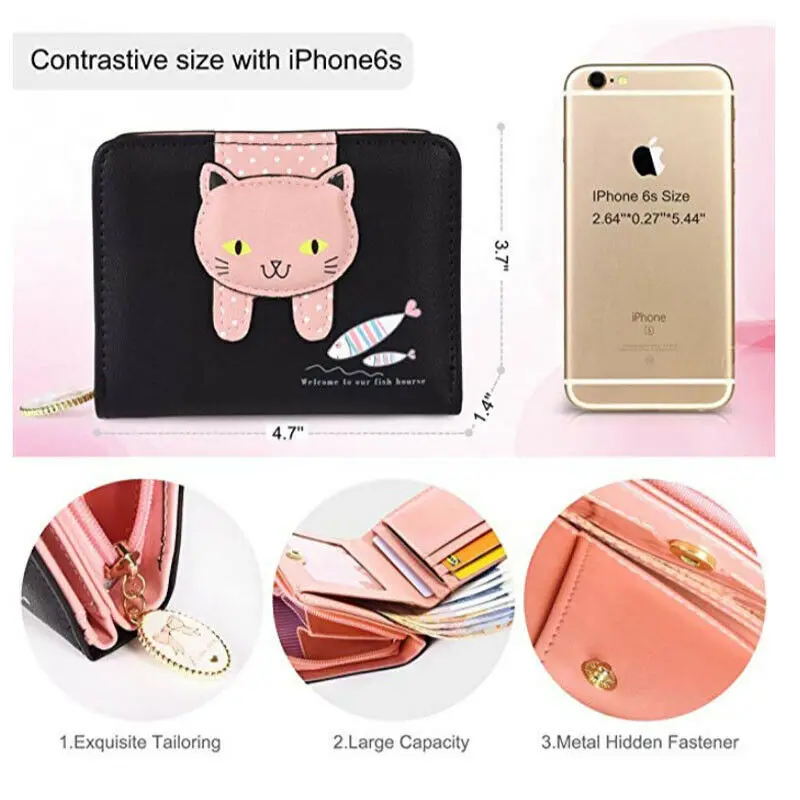 Женский кожаный кошелек с рисунком кота для денег на молнии держатель карт клатч