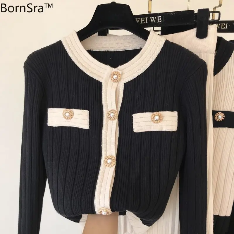 

Bornsra Ladies Single Breasted Pearl Buttons Cardigan Sweater+Pleated Long Skirt Suit 2020 Autumn Winter Knitted 2 Piece Set