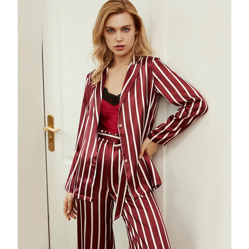 Spring Autumn New Pajamas Women's Spring and Autumn Three Piece Ice Silk Sling Suit Can Be Worn Out Female Pyjamas Sleep Tops