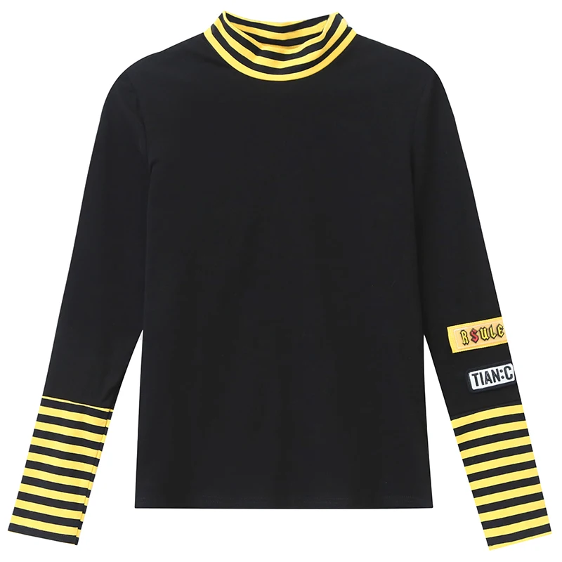 Осенне-зимняя футболка в Корейском стиле шикарное лоскутное Полосатое плотное