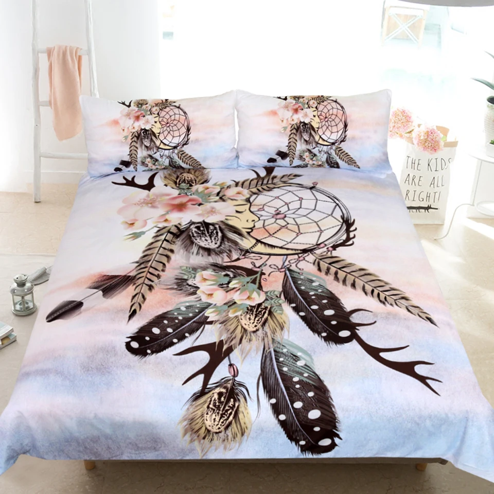 Постельные принадлежности Outlet Dreamcatcher Комплект постельного белья рога перья печатных пододеяльник набор цветочный домашний текстиль Спящая Луна постельное белье
