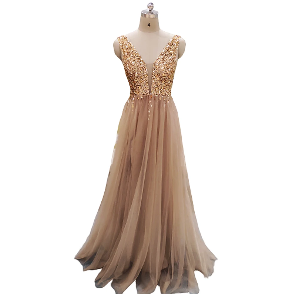 Элегантные длинные платья для выпускного вечера цвета шампанского с v образным