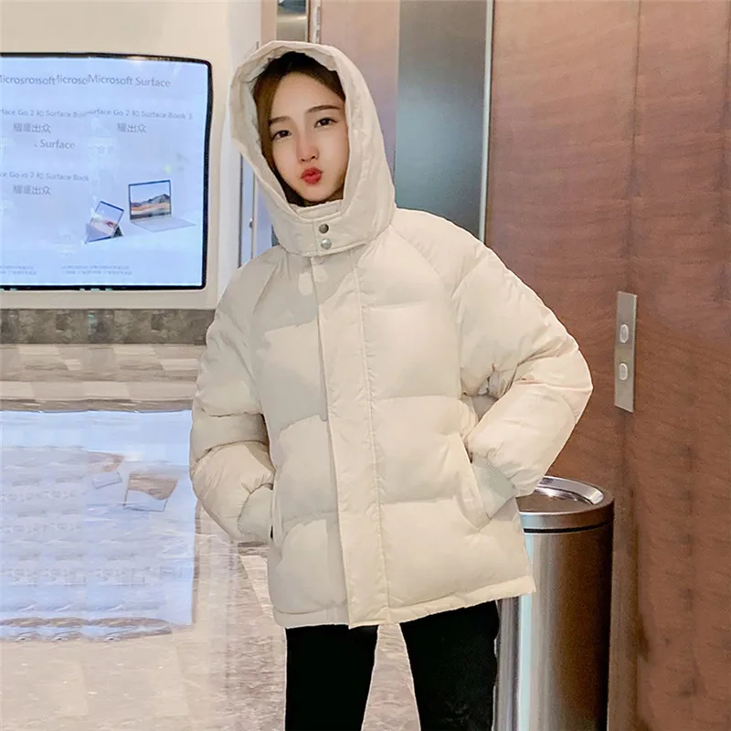 

Winter Coat Women 2021 Korean Short Loose Beige Long Sleeve Bread Jacket Thick Warmth Cotton Coats Windproof Hooded Parkas Y603