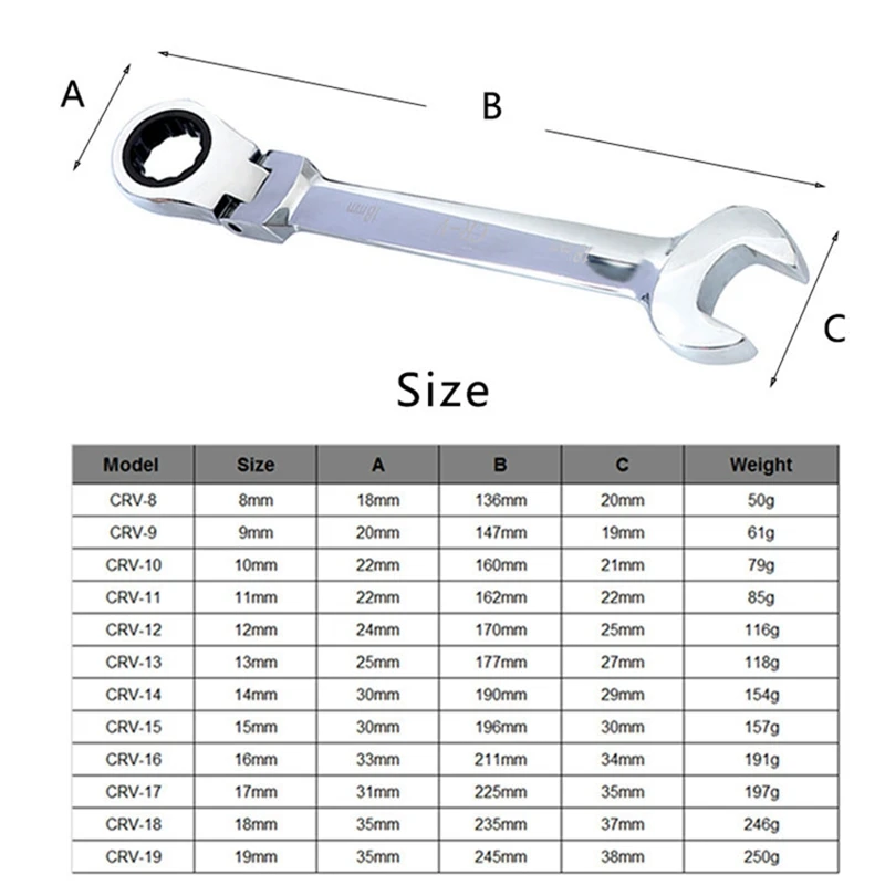 

Durable Ratchet Wrench 8-19mm Movable Head Double Head Quick Auto Repair Wrench 180 Degree Multifunctional Wrench Household Tool