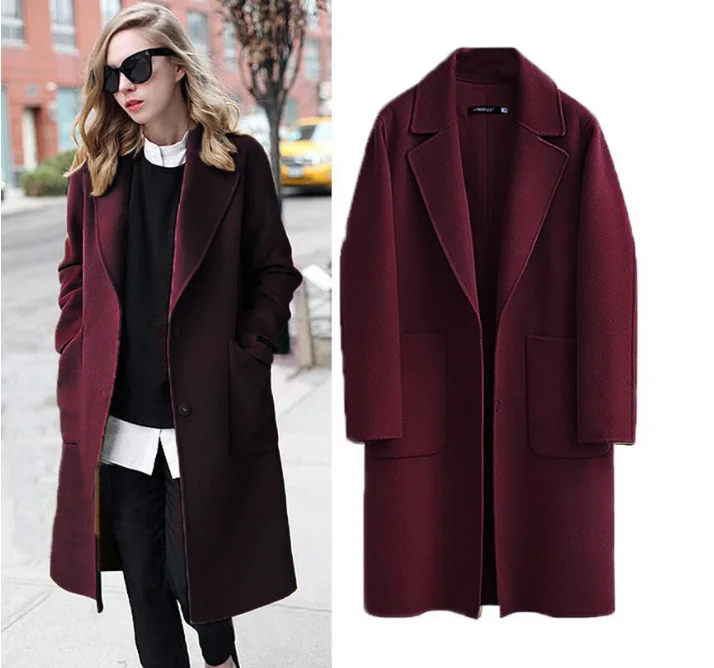 

Women Wool Blends Coat Double Breasted Jackets 2021 Notched Long Sleeves Button Solid Autumn Winter Casual Woolen Coats