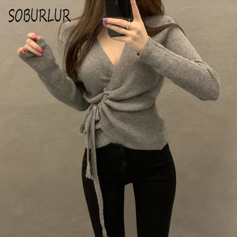 SOBURLUR 2021 осенний свитер женские блузки вязаный пуловер в рубчик с длинным рукавом