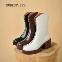 robespiere 2021 winter new all match leather womens boots with zipper retro mid heel short boots with martin boots b288