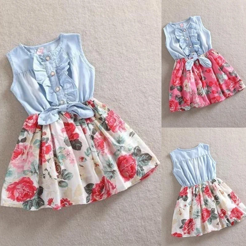 Girls Dress 2019 Summer New Clothing Cotton Denim Children's Flower Splice Princess Print | Детская одежда и обувь
