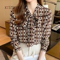 chic chiffon blouses women 2021 autumn female shirts work wear tops ladies bow tie clothings printed clothings long sleeve