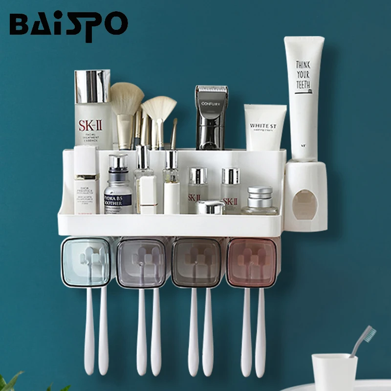 

BAISPO Toothbrush Holder with Cup Wall-Mounted Storage Box Automatic Toothpaste Dispenser Holder Bathroom Accessories Set