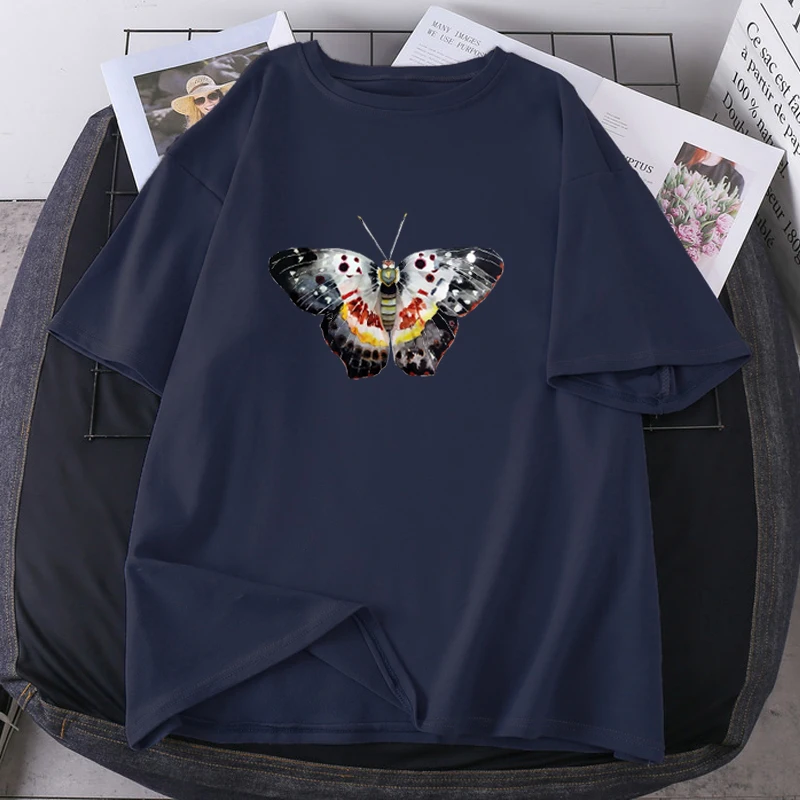 

The Black Butterfly Woman Girl T-shirts Summer Oversize Tops Tees Short Sleeve K-pop Lady Fashion Clothing Round Neck Camisetas
