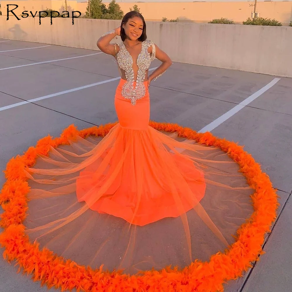 Billig Afrikanische Mädchen Lange Ärmeln Prom Kleider 2021 Stunning Perlen Sehen Durch Top Orange Meerjungfrau Lange Prom Kleid Mit Federn