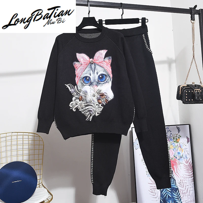 Женский вязаный спортивный костюм модный черный красный Со стразы мультяшный