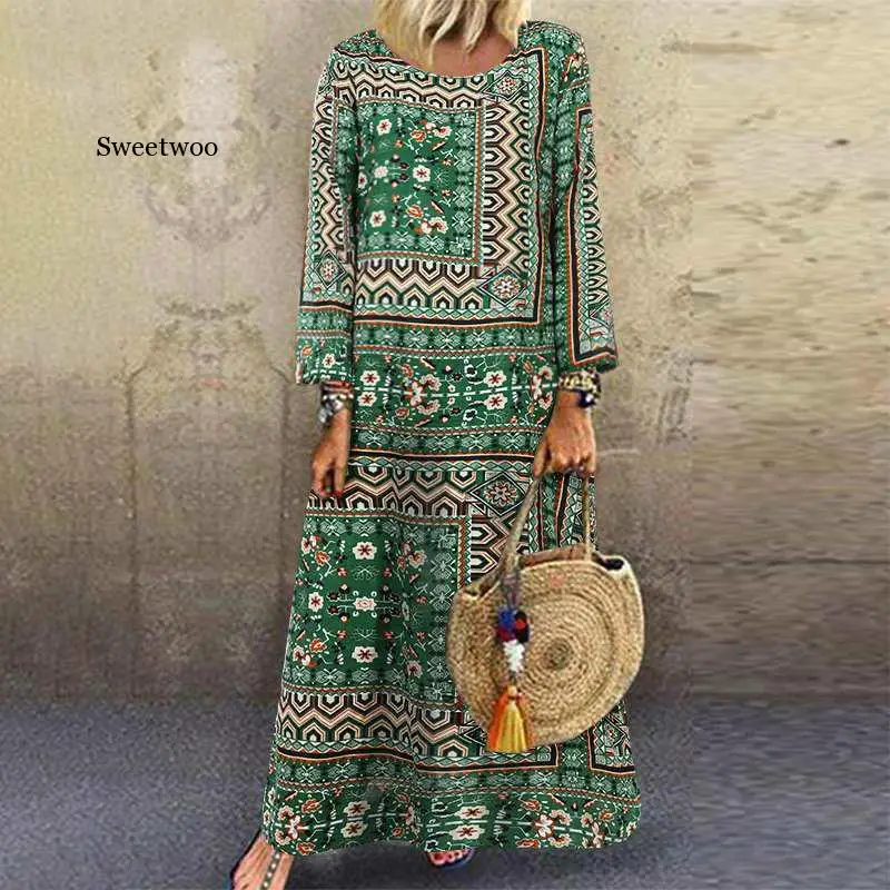 

Women Printed Maxi Long Dress Bohemian Vintage Long Sleeve Dress Female Spring Casual Robe Party Vestido