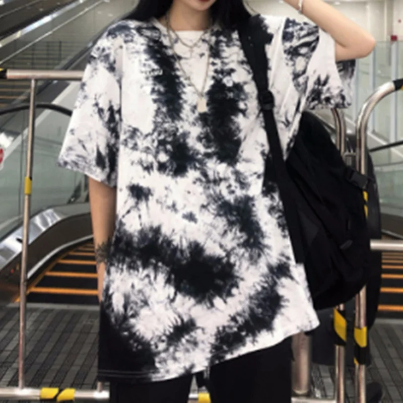 

Hip Hop Style Tee Tie-Dye Print Women T Shirt Casual Round Neck Short Sleeve Top Loose T-Shirt