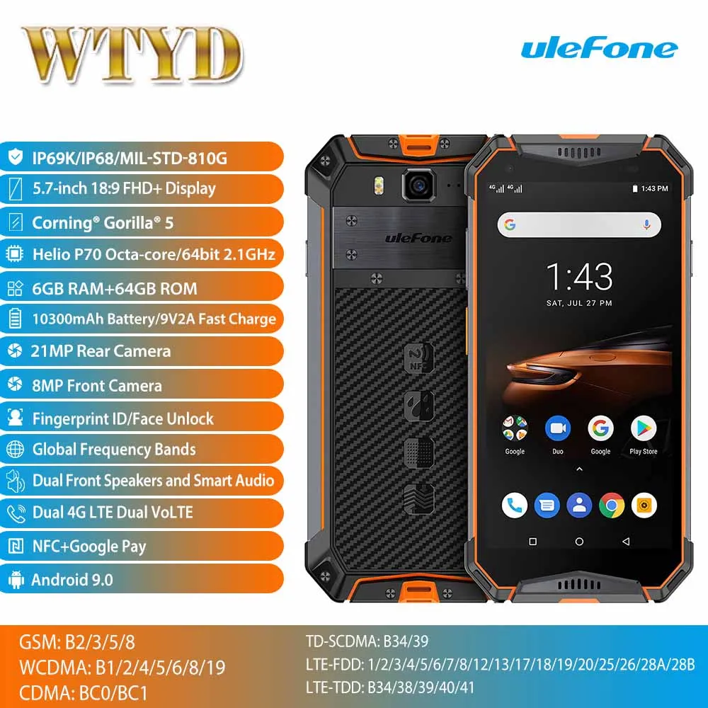 Смартфон Ulefone Armor 3 Вт большой аккумулятор 10300 мАч IP68 Водонепроницаемый 4G