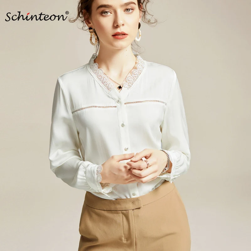 2020 Schinteon Women 100% Real Silk Shirt V-Neck Collar Lace Spliced Office Lady Solid Color Elegant Blouse Hollow Out | Женская одежда