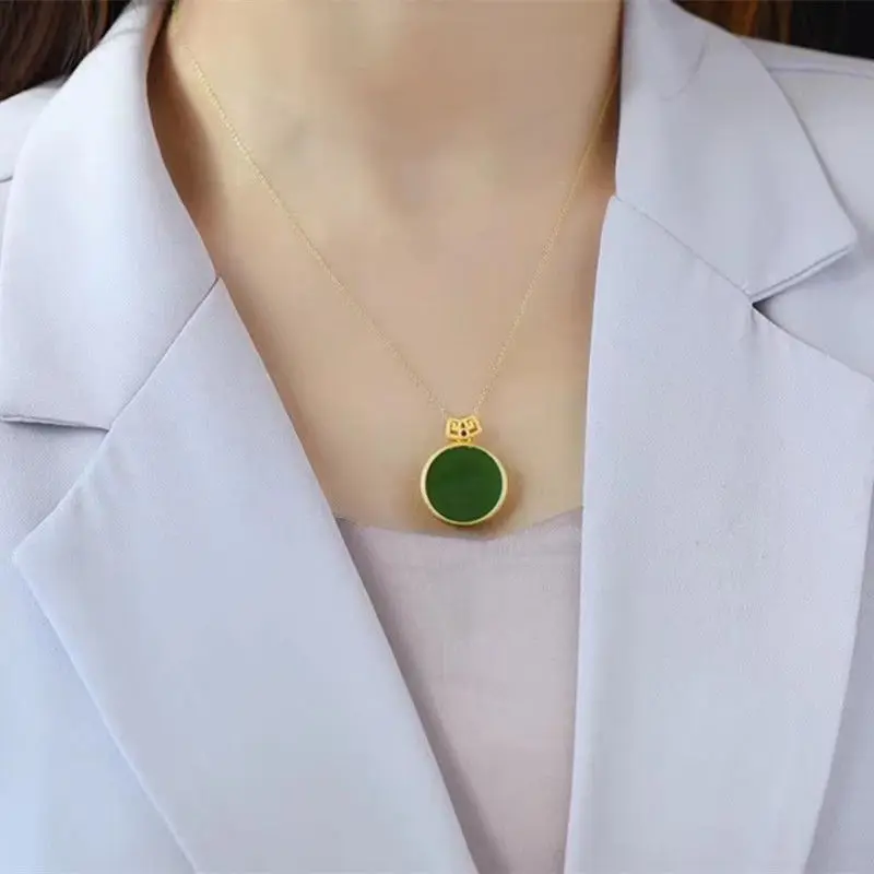 

New Silver Inlaid Natural Hetian Jasper Chalcedony Pendant Round Chinese Retro Temperament Senior Sense Female Necklace