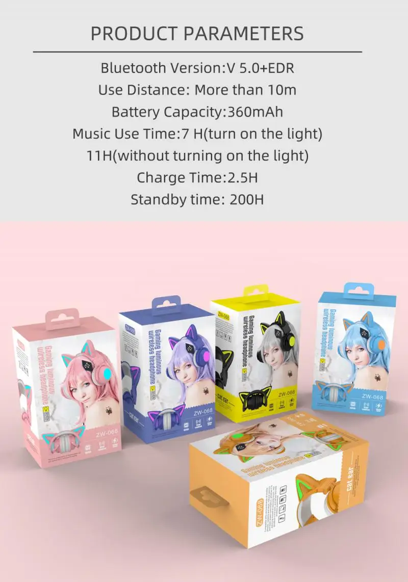 

New LED Light Up Cute Cat Ears Wireless Headphones Build-in Mic Kid Girl Stereo Music Phone Bluetooth-compatible 5.0 EDR Headset