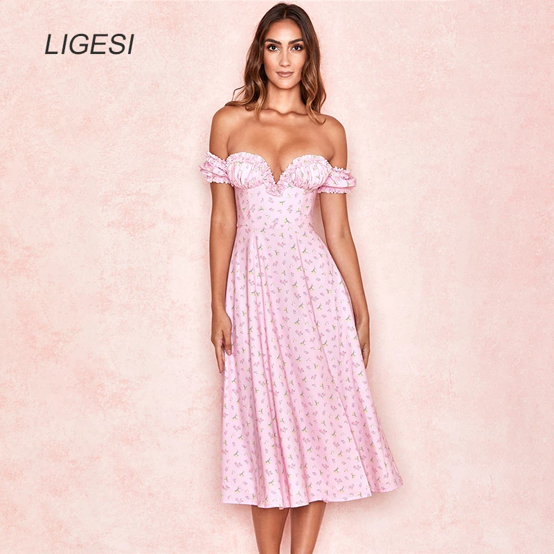 

2020 Summer New Arrival Streetwear Strapless Floral V-neck Short Sleeve High Waist Irregular Dress Women Elegant
