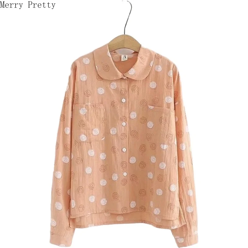 

Women Cartoon Print Cotton Blouses Long Sleeve Turndown Collar Pockets Blouse 2020 Spring Femme Casual Loose Top And Blouses
