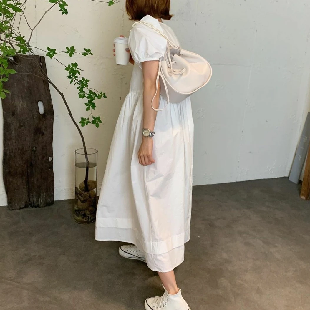 Корейское шикарное милое Молодежное приталенное платье ниже колена с пышными