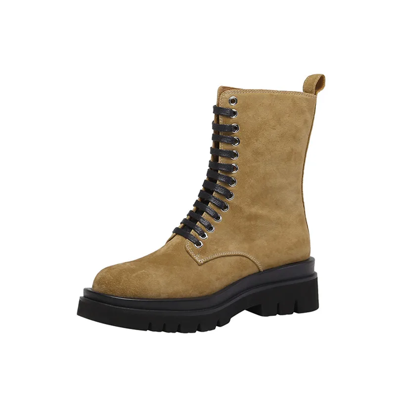 

FOREADA Motorcycle Boots Woman Platform Ankle Boots Real Leather Zipper High Heel Shoes Lace Up Block Heel Female Short Boots 42