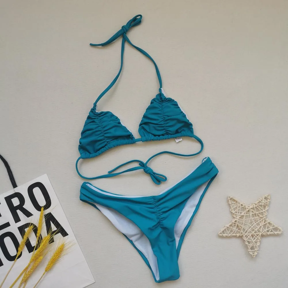 

New 2021 Brazilian Micro Bikinis Mujer Sexy String Swimsuit Female Pleated Bikini set Solid Swimwear Women Mini bathing suit