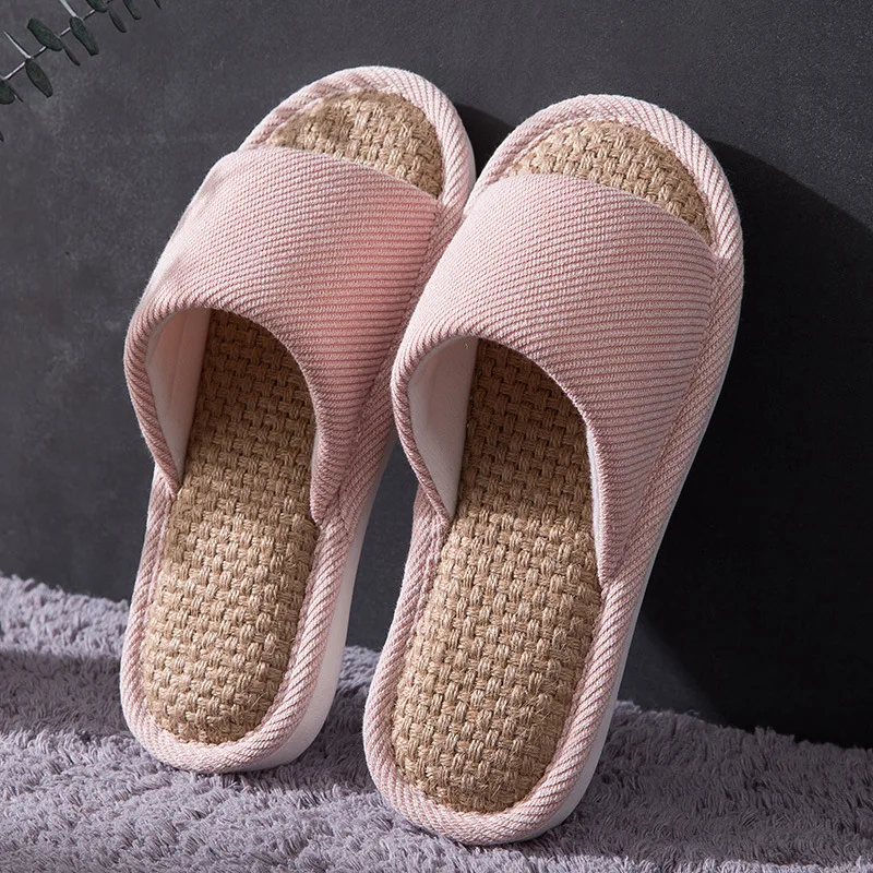 Home Linen Slippers Men Couple Soft Thick Bottom Indoor Household Anti-Skid Air Conditioning Breathable Wear-Resistant