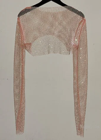 Cultivos Top mujeres nueva Ronda cuello pesado bordado perforación en caliente Sexy hueco de malla de Tops brillantes corto de manga larga Camiseta