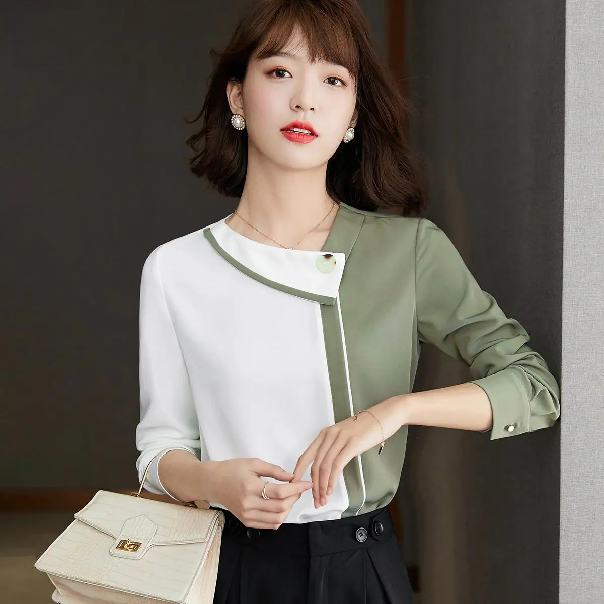 

Женская шифоновая блузка с длинным рукавом, элегантная офисная рубашка с цветными вставками, осень 2021