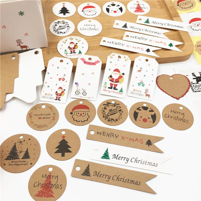

100PCS Cute Kraft Gift Hang Lables Merry Christmas Series Fashion Tag Card For Candy/Cookie/Bottle/Bags/xmas Tree