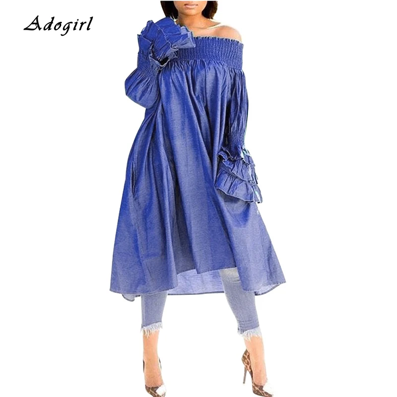 Повседневная джинсовая с открытыми плечами платье Элегантное оборками длинным