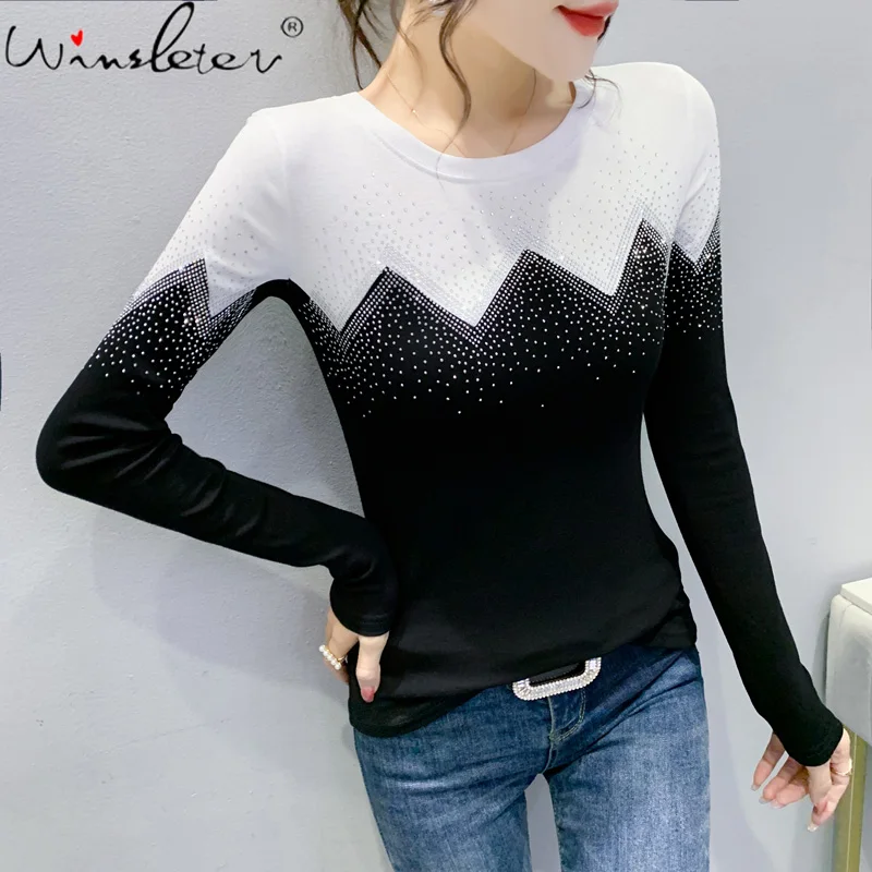 

MadBlack Spring Clothes Cotton T-Shirt Chic O-Neck Color Blocking Diamonds Women Tops Long Sleeve All Match 2022 Tees T1D916A