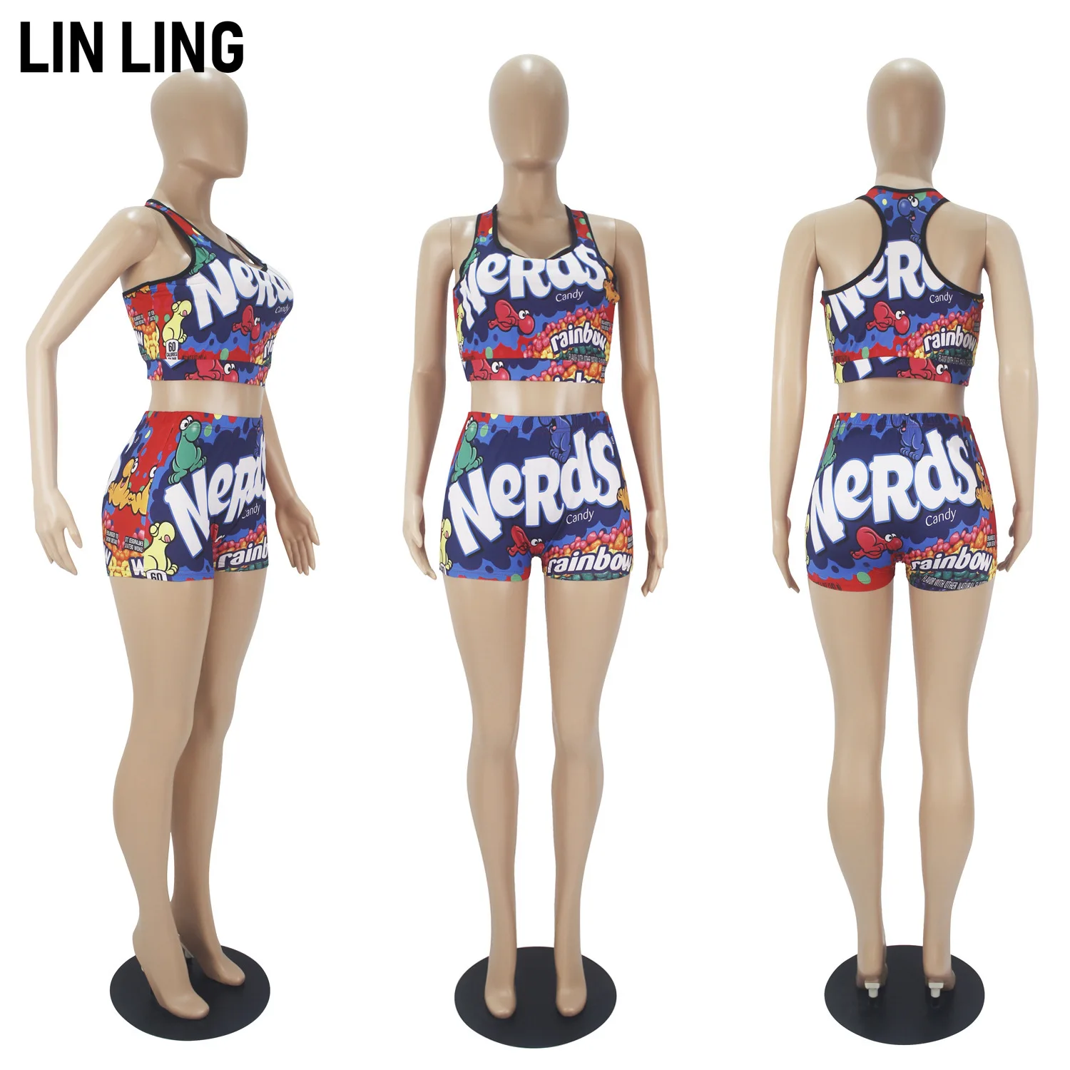 

LINLING Fresh Pattern Printed Vest with High Waist Shorts Two Piece Set Sexy Stretch Yoga Pants Set