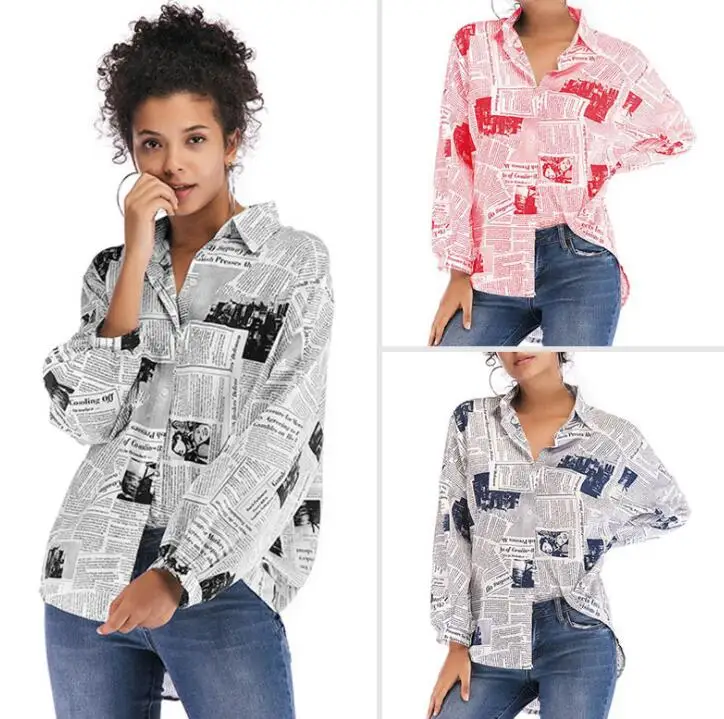 

2020 New Spring Fashion Newspaper Print Women Blouse Shirt Loose Turn Down Collar Long Sleeve Blouses Tops Casual Shirts Blusa