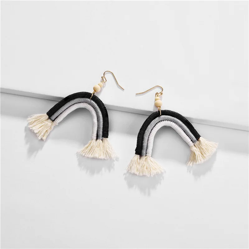 Женские серьги-подвески трехцветные с хлопковой нитью ручной работы | Украшения