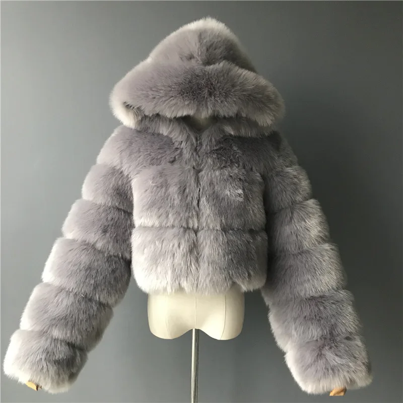 Fashion Hooded Faux Fur Coat Women 2022 Winter Warm 8XL Blue Furry Overcoat Elegant Plush Crop Jacket Femme images - 6