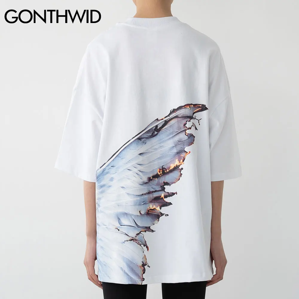 

GONTHWID Tees Shirts Harajuku Fire Flame Burning Wings Tshirts Streetwear Hip Hop Fashion Casual Short Sleeve Cotton Loose Tops