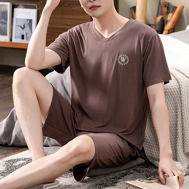 

Mens Lounge Wear 2021 Summer New Pajamas for Man Big Shorts Two Pieces Navy Letter Printing Pullover Leisure Sleep Wear Men Pjs
